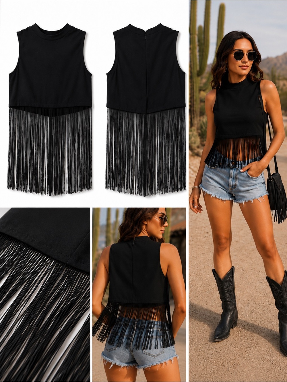 Kendall + Kylie Black Fringe Crop Top Sleeveless Festival Western Boho Tassel Sm